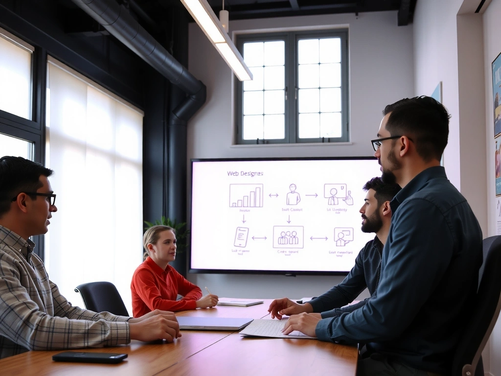 A team of creative web designers collaborating in a modern, brightly lit office, brainstorming ideas with sketches and digital mockups on a large screen.