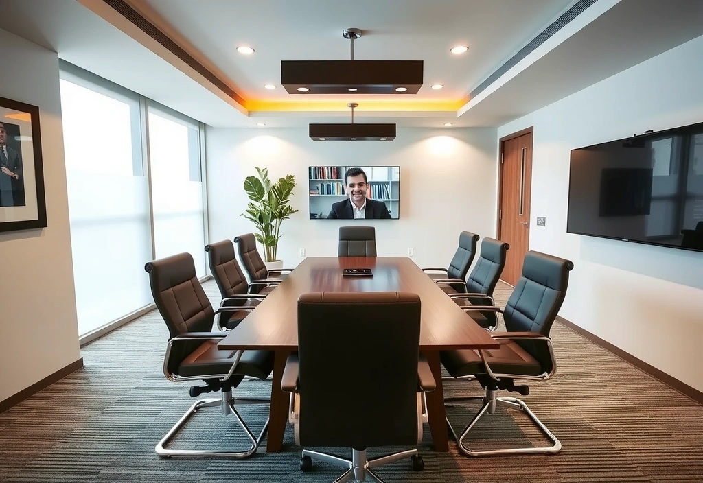 A vibrant meeting room with a large table and video conferencing equipment