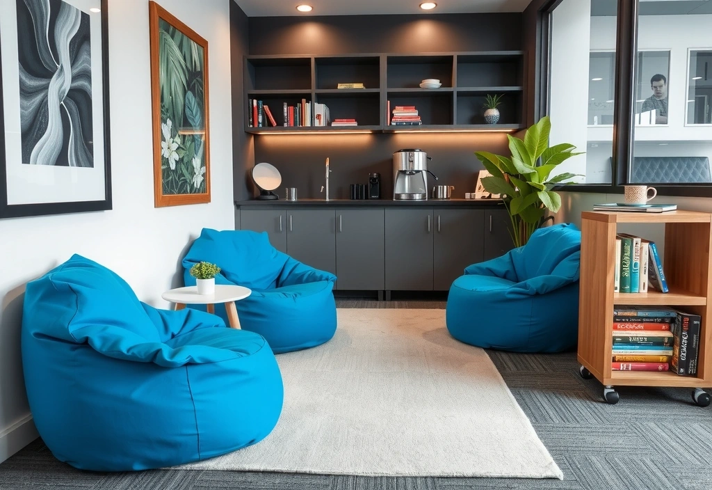 A comfortable break area with bean bags and a coffee machine