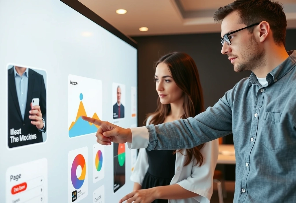 Designers reviewing UI/UX mockups on a large display with vibrant graphics