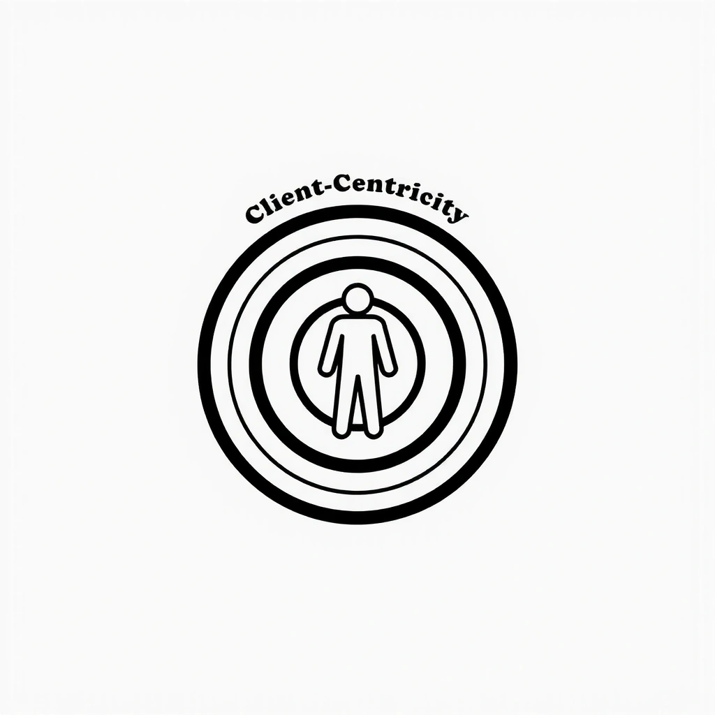 Icon representing client-centricity: a person standing at the center of a target