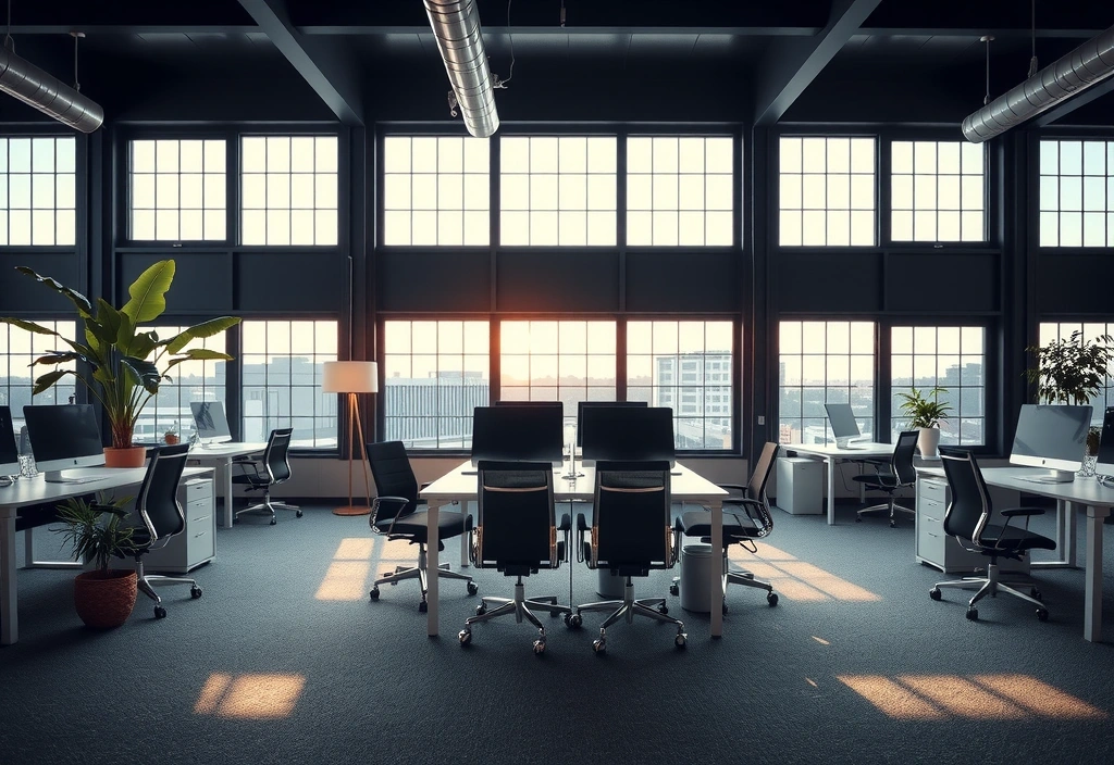 Modern open-plan office space with collaborative workstations and natural light