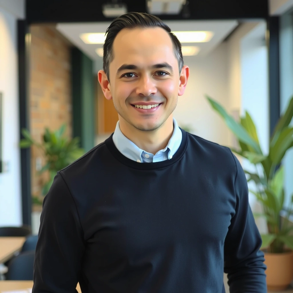 Professional headshot of a confident male founder smiling
