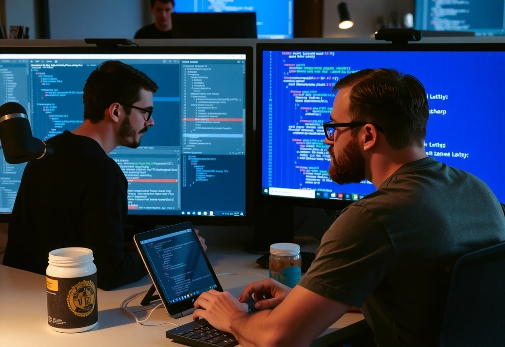 Programmers coding intently on multiple monitors in a focused environment