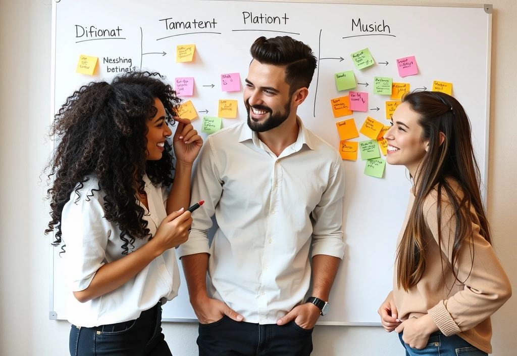 Team members engaged in a lively brainstorming session around a whiteboard