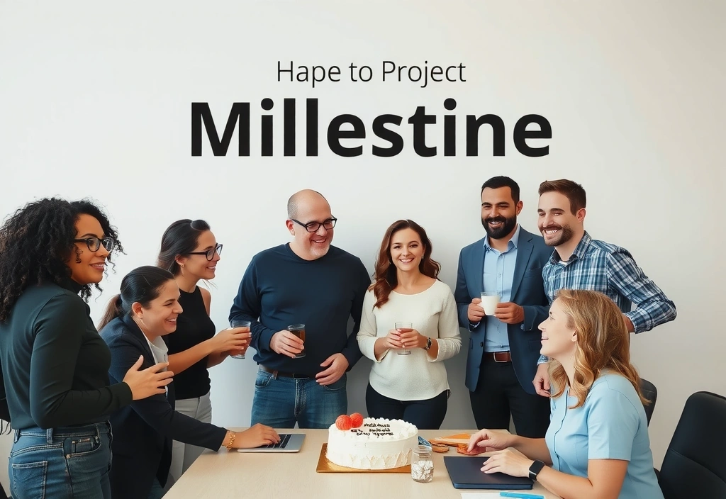 Team celebrating a project milestone with cake and refreshments