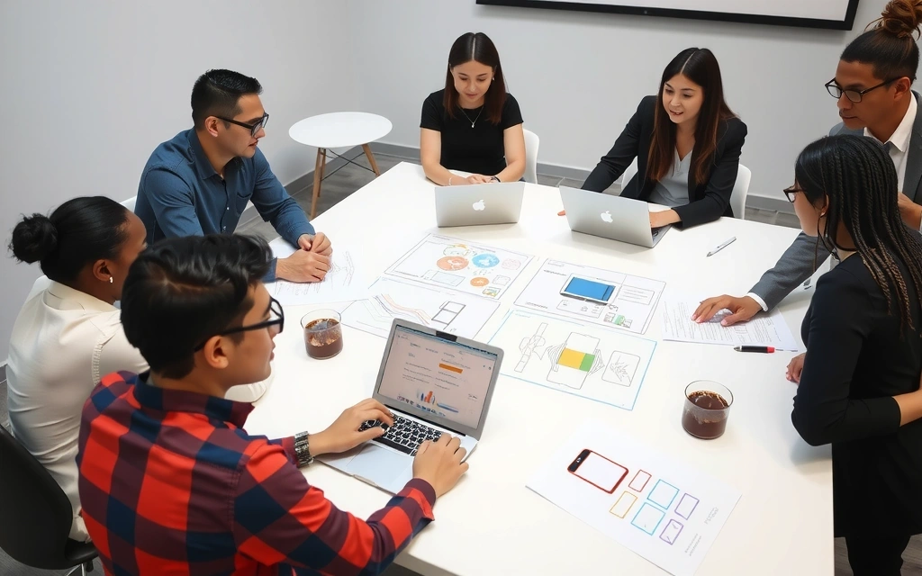 A team of diverse professionals collaborating around a large table with laptops and design sketches, depicting a brainstorming session for a new web project.