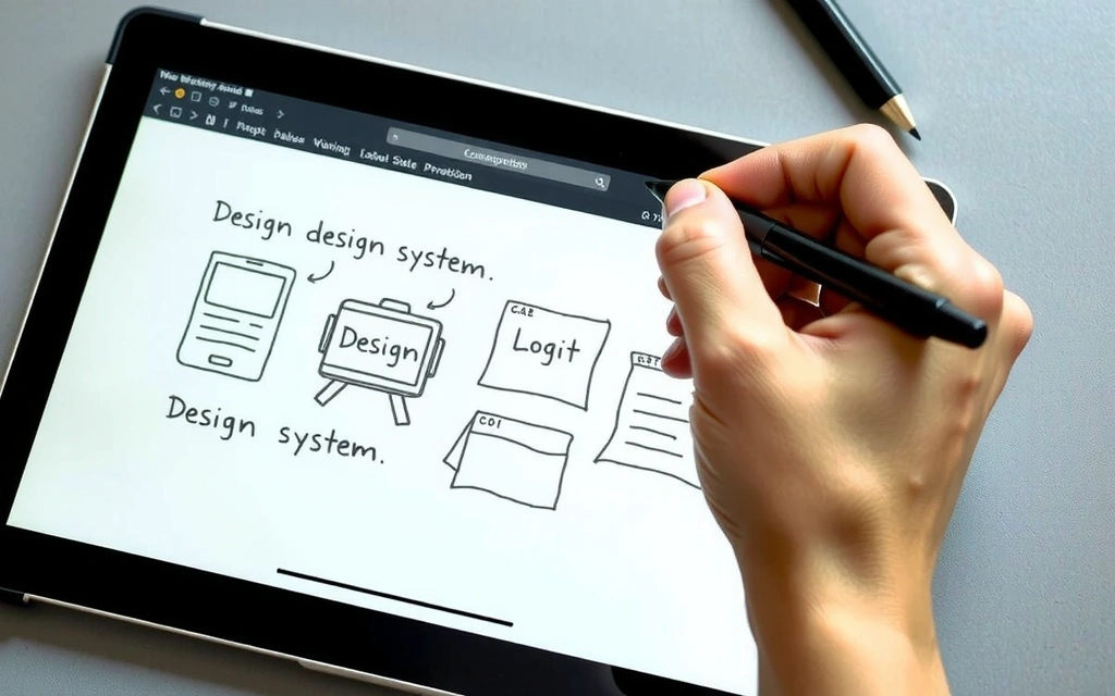 A close-up of a hand drawing on a digital tablet, sketching out components of a design system, emphasizing consistency and scalability in web projects.
