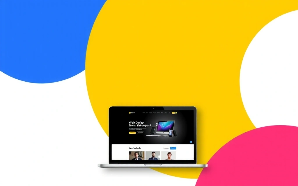 A modern hero section for a web design agency, featuring abstract geometric shapes and a laptop showing a sleek website interface, in a minimalist color palette.