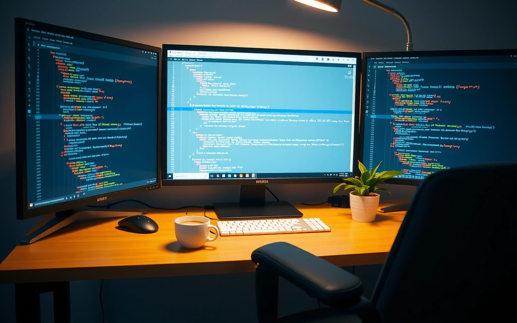 A developer's desk with multiple monitors displaying code, coffee cup, and a plant, suggesting productivity and focus in web development. Soft lighting.