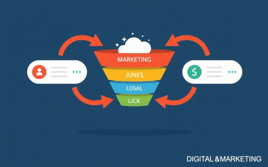 A stylized abstract representation of a digital marketing funnel, with arrows and icons indicating various stages, symbolizing effective digital strategies.