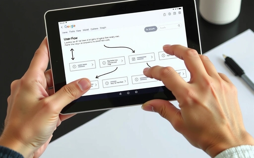 A close-up of hands interacting with a tablet showing a wireframe design with user flow arrows, illustrating UI/UX design process and user journey mapping.