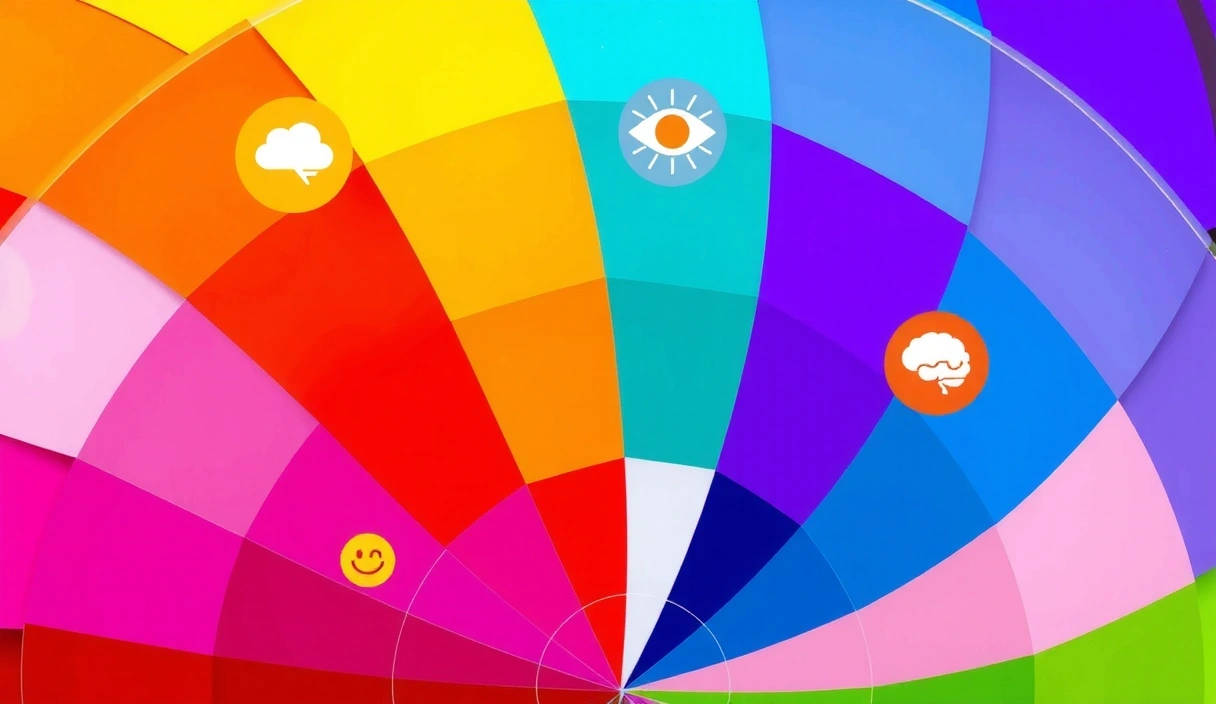 A vibrant color palette wheel with various shades blending into each other, overlaid with subtle psychological icons, representing the impact of color in design.