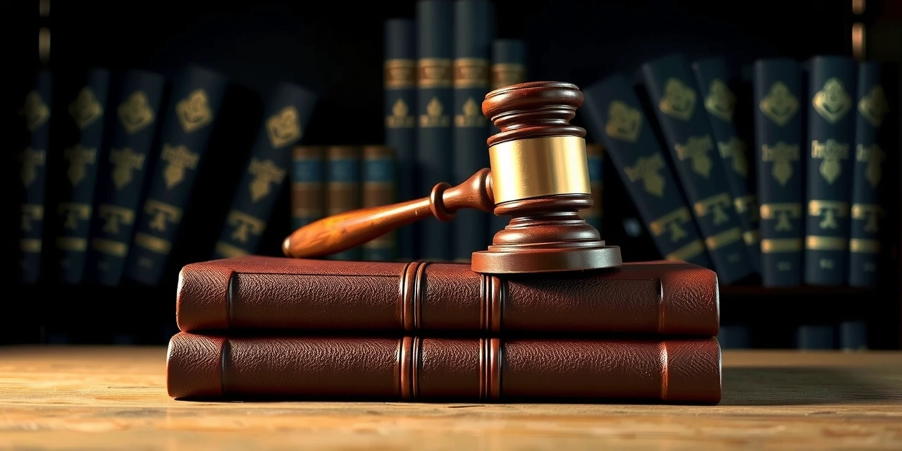 Gavel and legal books on a dark background, representing law and order