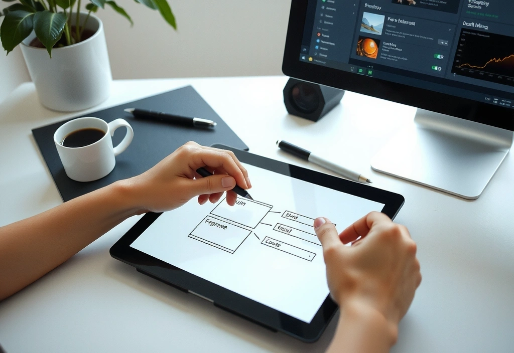 A designer working on a wireframe on a tablet with various design tools visible on a desk.