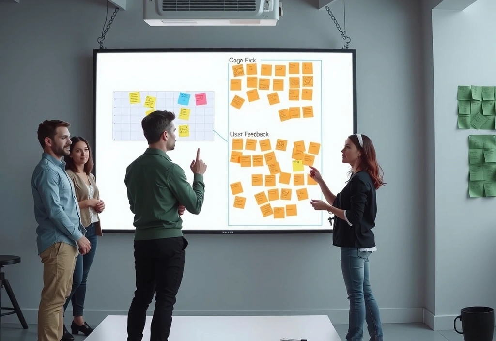 A team of designers collaborating on a digital prototype on a large screen, surrounded by sticky notes and whiteboards.