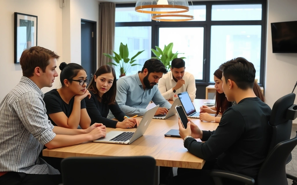 A team of QA testers collaboratively reviewing a web application on multiple devices, checking for bugs and functionality.