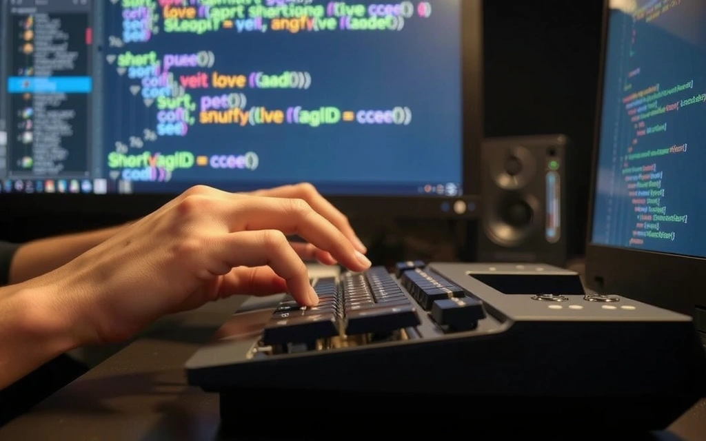 A close-up of a programmer's hands typing rapidly on a keyboard, with lines of code visible on a monitor in the background.