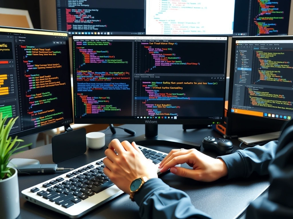 A developer working on multiple screens, showing various code snippets and web design layouts, representing comprehensive web development services.