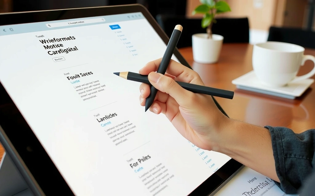 A designer's hand interacting with a digital tablet, showcasing wireframes and UI elements for a web application.