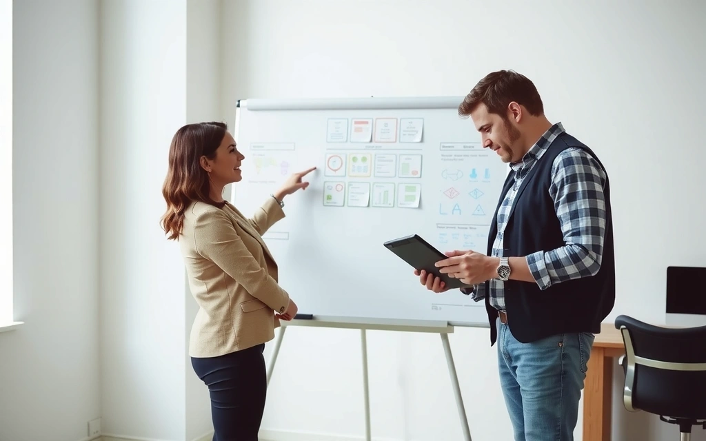 Two professionals discussing a project plan, with a whiteboard full of ideas and flowcharts in the background.